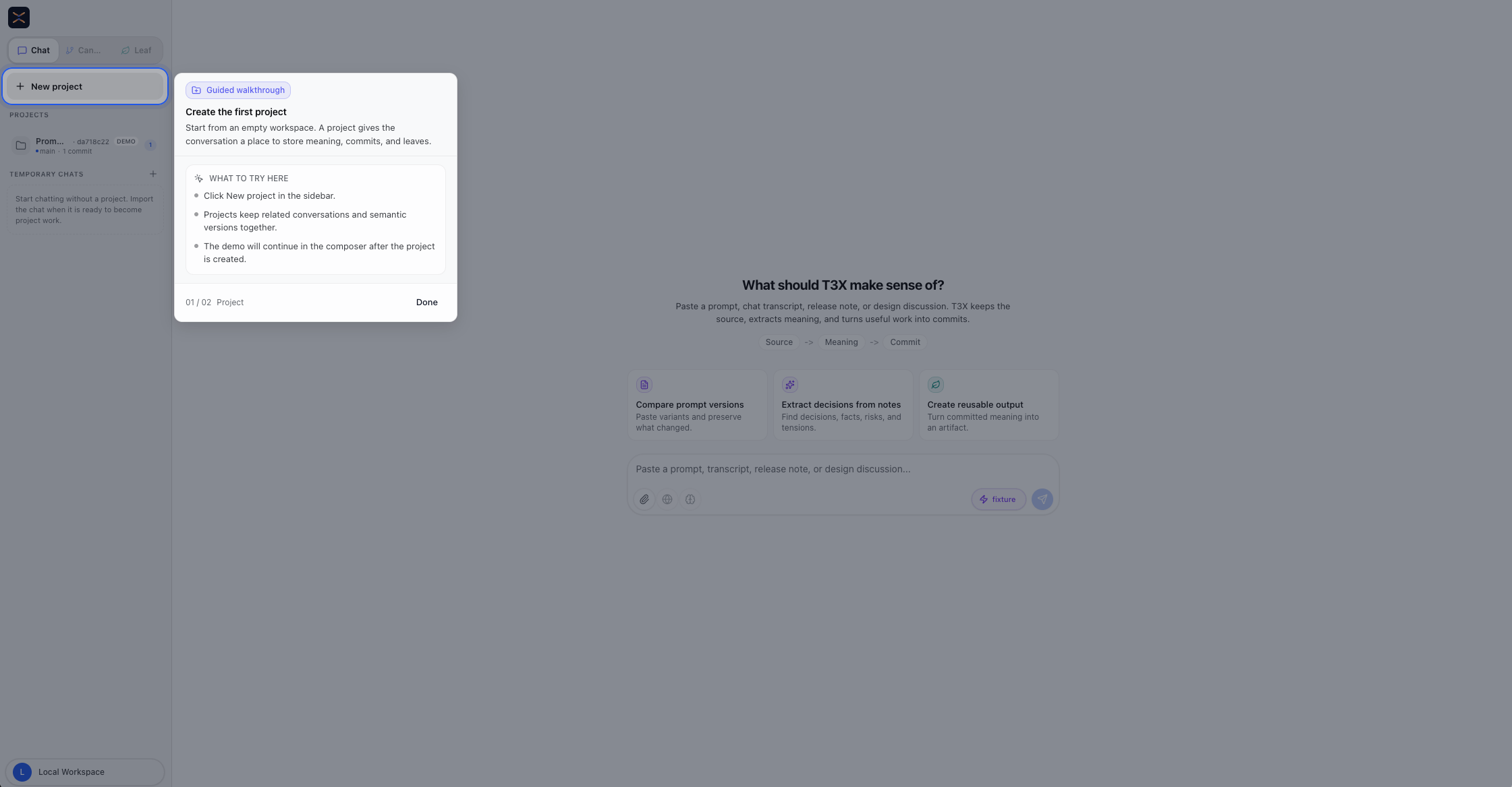 Chat landing with guided walkthrough